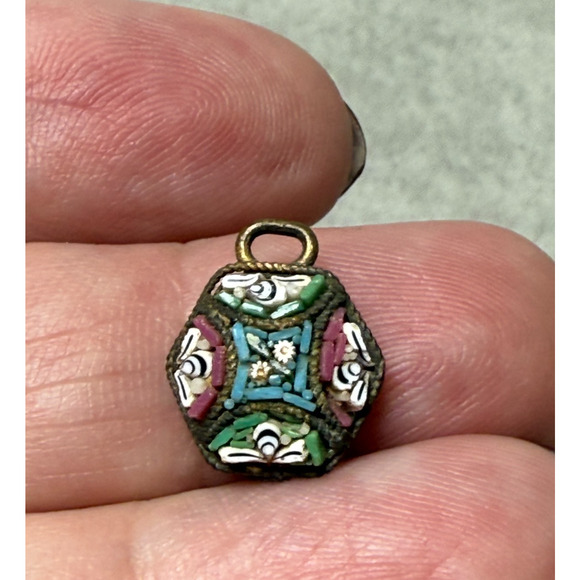 Unbranded Jewelry - Antique Brass Tone Italy Micro Mosaic Multi-Color Small Flower Hexagon Pendant